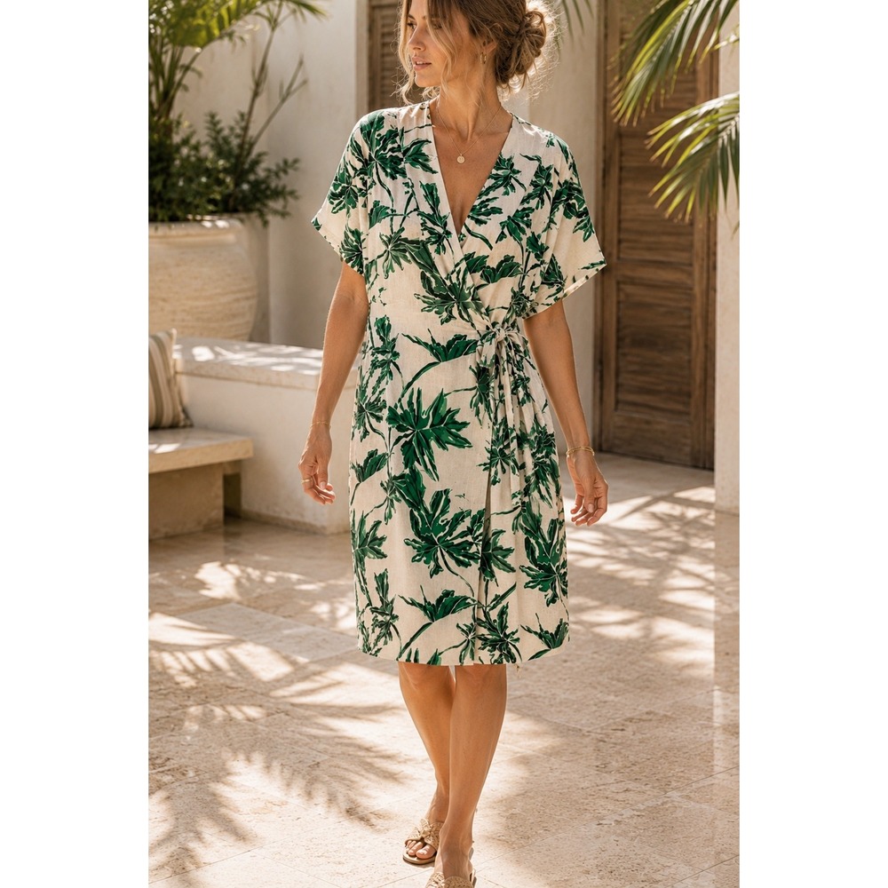 Emily McCarthy Wrap Dress Women‎ Large Green Tropical Palm Leaf Linen COASTAL
